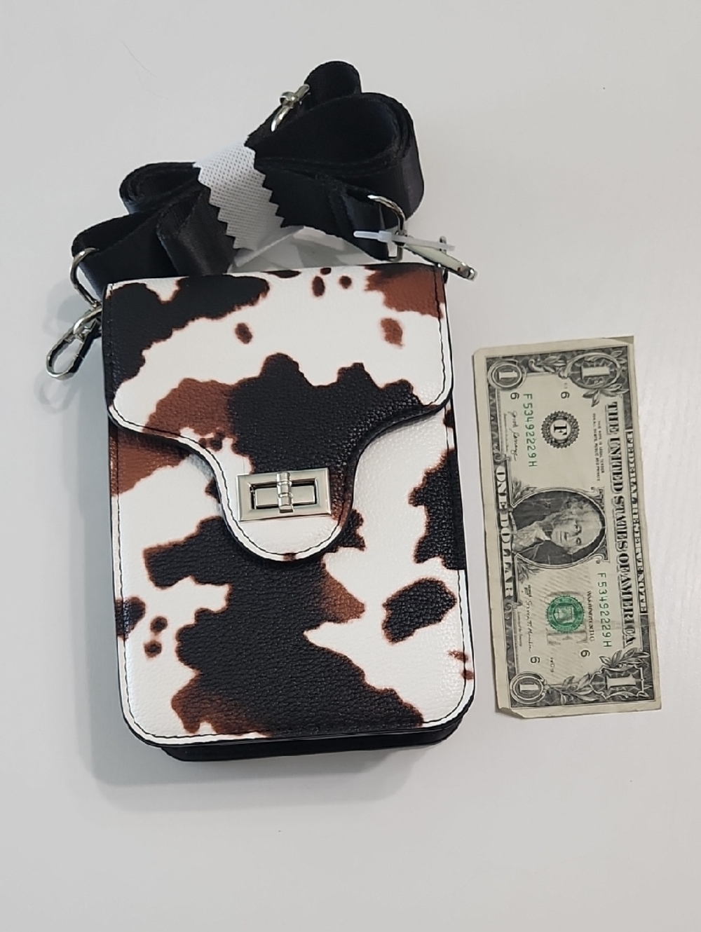 New Cow Print Crossbody Phone Bag in Brown & White with Adjustable Strap
